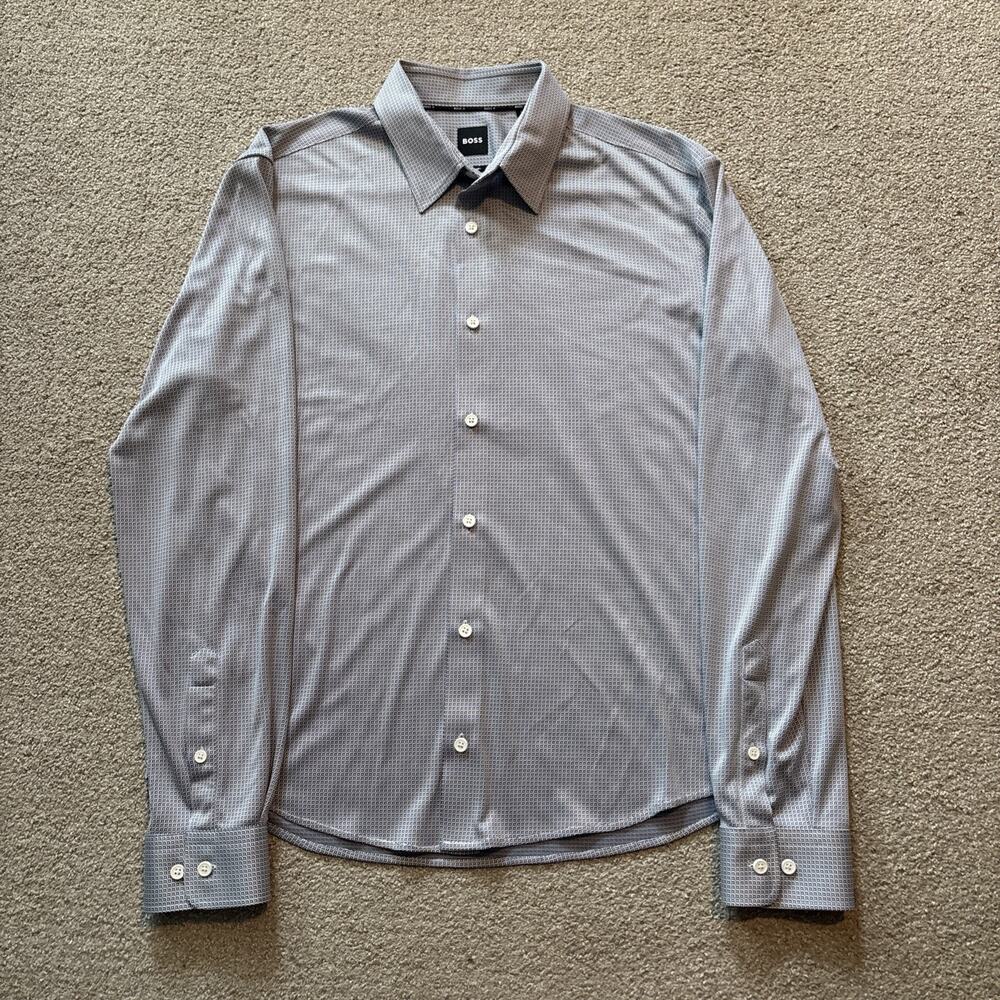 Hugo Boss Boss Performance Slim Fit Blue/White Geometric Button-Up Shirt Sz L